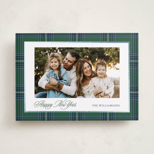 This is a evergreen foil pressed holiday cards with foil pressed by Cindy Reynolds called navy baby printing on recycled smooth signature in standard