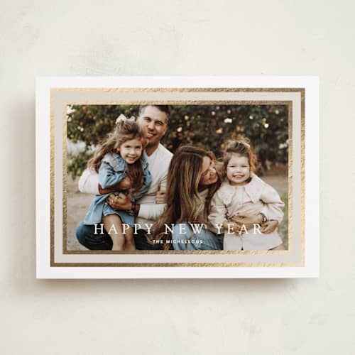 This is a vanilla foil pressed holiday cards with foil pressed by Stacey Meacham called layered frame printing on recycled smooth signature in standard