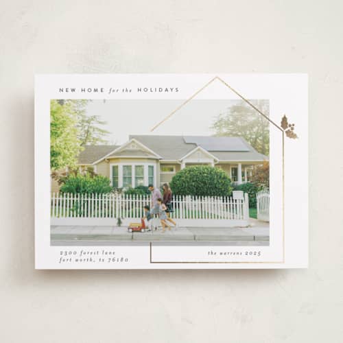 This is a light foil pressed holiday cards with foil pressed by Maja Cunningham called new home printing on recycled smooth signature in standard