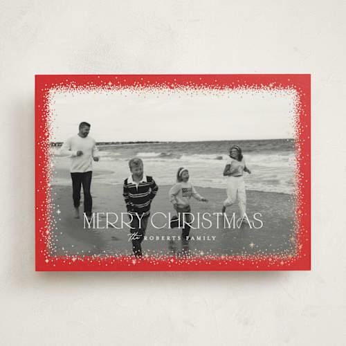 This is a cranberry foil pressed holiday cards with foil pressed by Pixel and Hank called twinkle twinkle printing on recycled smooth signature in standard
