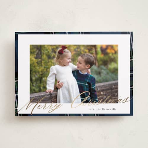 This is a navy foil pressed holiday cards with foil pressed by Cindy Reynolds called yule plaid printing on recycled smooth signature in standard