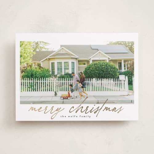 This is a marshmallow foil pressed holiday cards with foil pressed by Tamara Hilje called the merry printing on recycled smooth signature in standard