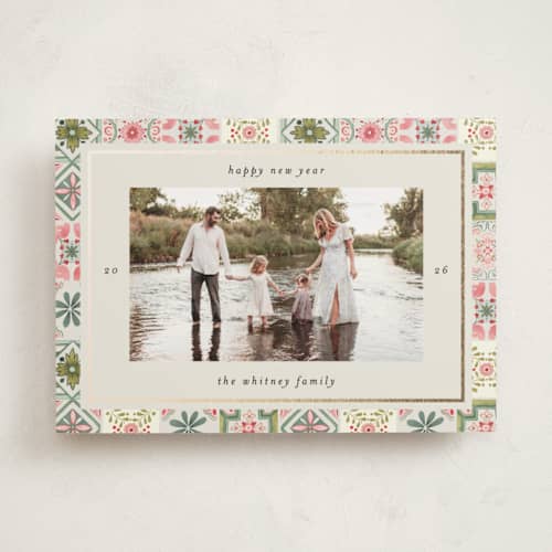 This is a vanilla foil pressed holiday cards with foil pressed by Makewells called tiles printing on recycled smooth signature in standard