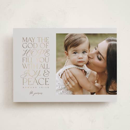 This is a chestnut foil pressed holiday cards with foil pressed by Pink House Press called filled with love printing on recycled smooth signature in standard