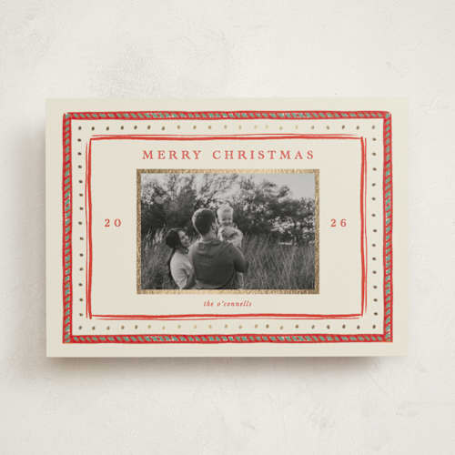 This is a lingonberry foil pressed holiday cards with foil pressed by Sarah Rosenthal called cotswolds cottage printing on recycled smooth signature in standard