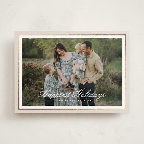 This is a tinsel foil pressed holiday cards with foil pressed by Kelly Schmidt called minimal border printing on recycled smooth signature in standard