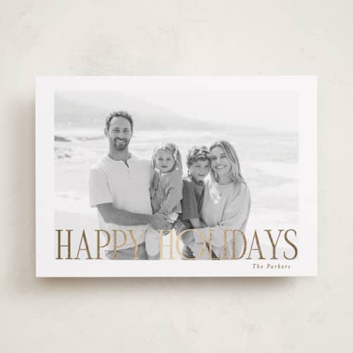 This is a snow foil pressed holiday cards with foil pressed by Angela Thompson called happy holiday portrait printing on recycled smooth signature in standard