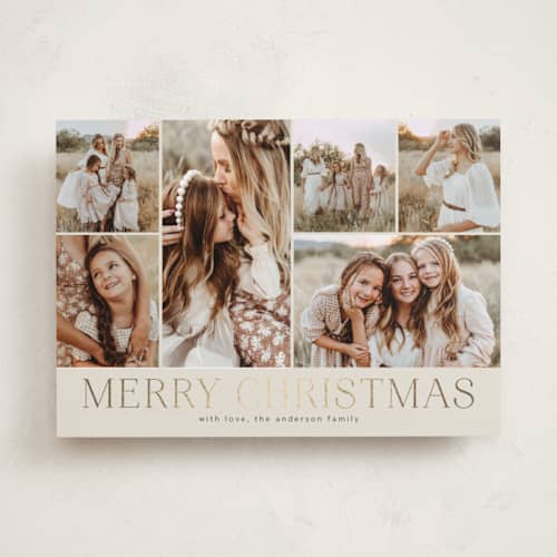 This is a coal foil pressed holiday cards with foil pressed by Kimberly Morgan called holiday photo grid printing on recycled smooth signature in standard