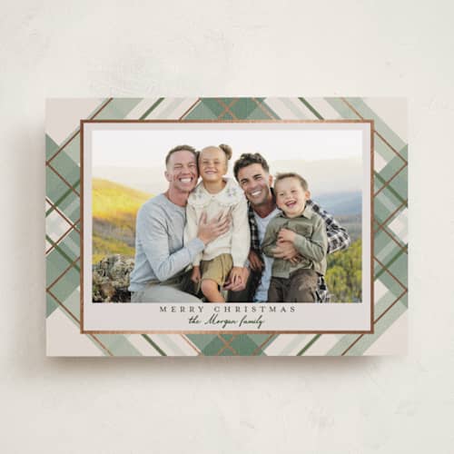 This is a vanilla foil pressed holiday cards with foil pressed by Petra Kern called fancy plaid printing on recycled smooth signature in standard