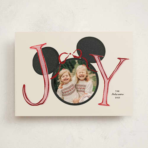 This is a champagne foil pressed holiday cards with foil pressed by Kamala Nahas called disney mickey o joy printing on recycled smooth signature in standard
