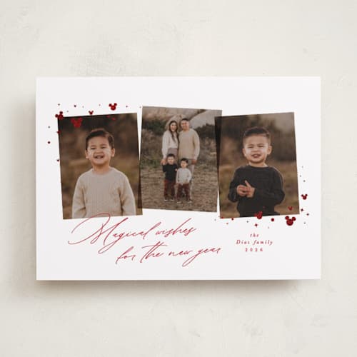 This is a scarlet foil pressed holiday cards with foil pressed by Lea Delaveris called merry moments magical memories printing on recycled smooth signature in standard