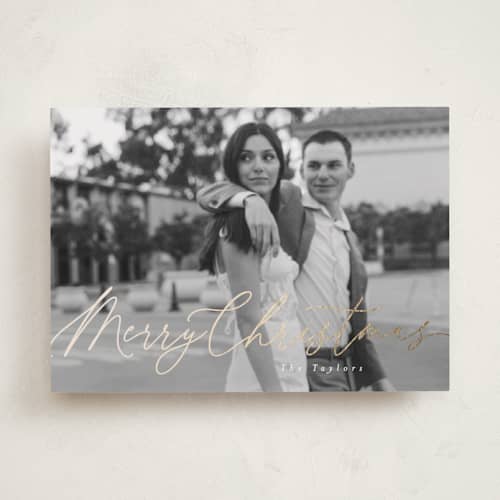 This is a snow foil pressed holiday cards with foil pressed by Julie Ley called beautiful foil script printing on recycled smooth signature in standard