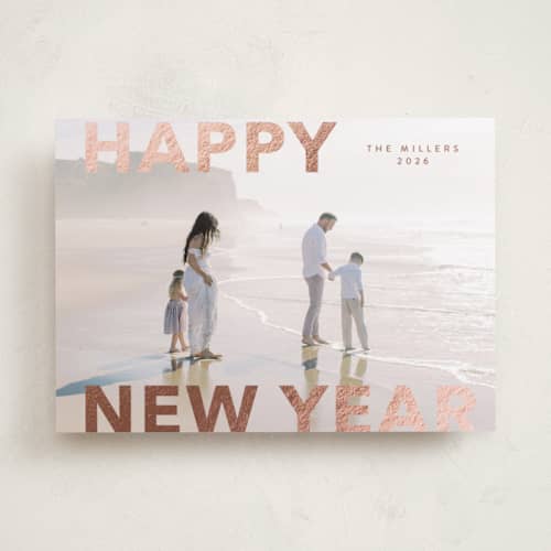 This is a rose foil pressed holiday cards with foil pressed by Angela Thompson called modern type printing on recycled smooth signature in standard