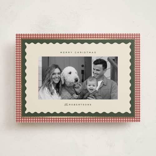 This is a cranberry foil pressed holiday cards with foil pressed by Ellen Schlegelmilch called gingham layers printing on recycled smooth signature in standard