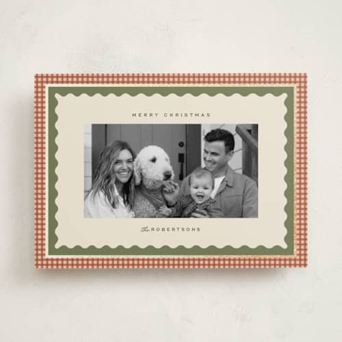 This is a olive foil pressed holiday cards with foil pressed by Ellen Schlegelmilch called gingham layers printing on recycled smooth signature in standard