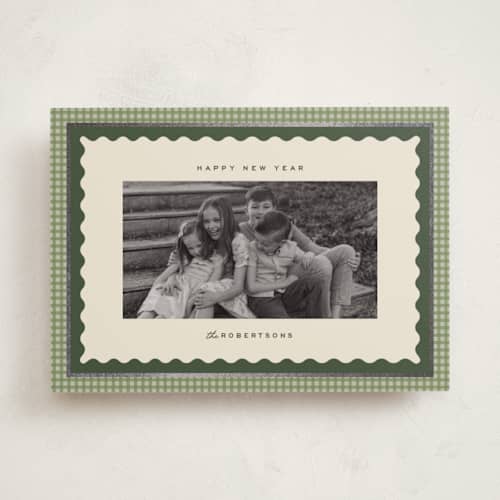 This is a garland foil pressed holiday cards with foil pressed by Ellen Schlegelmilch called gingham layers printing on recycled smooth signature in standard