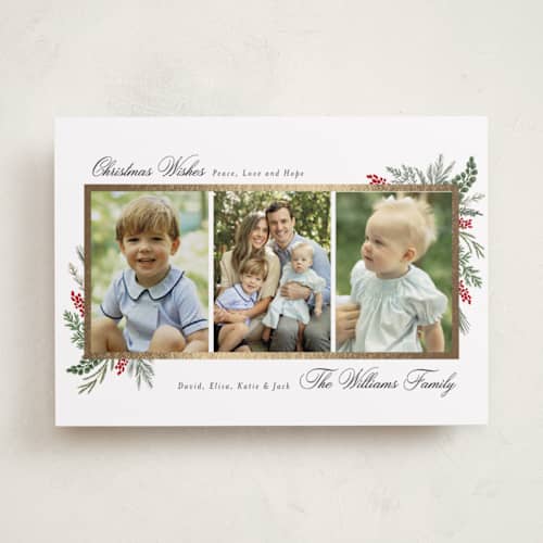 This is a peppermint foil pressed holiday cards with foil pressed by Susan Moyal called warmest wish printing on recycled smooth signature in standard