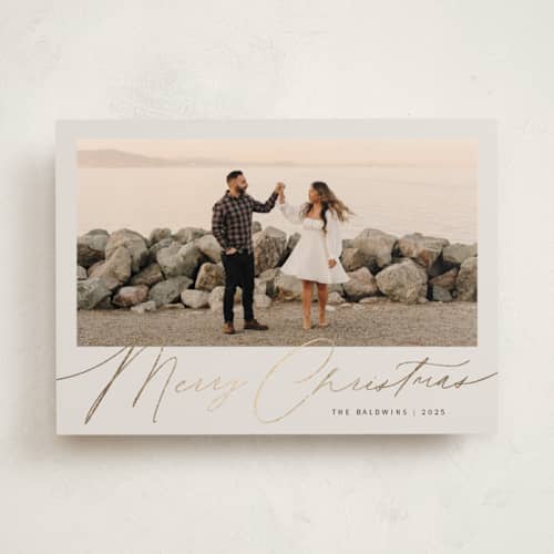 This is a eggnog foil pressed holiday cards with foil pressed by Melanie Severin called simply charming printing on recycled smooth signature in standard