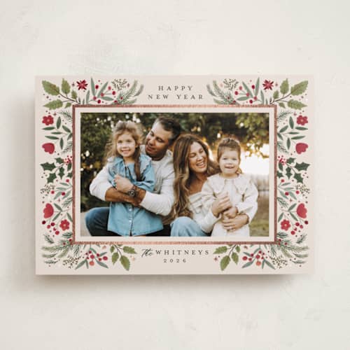 This is a cream foil pressed holiday cards with foil pressed by Makewells called shiny botanicals printing on recycled smooth signature in standard