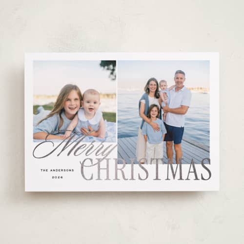 This is a snowflake foil pressed holiday cards with foil pressed by Emily Betts called two stacked printing on recycled smooth signature in standard
