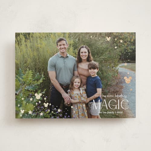 This is a mickey gloves foil pressed holiday cards with foil pressed by Danie Romrell called disney mickey holiday magic printing on recycled smooth signature in standard