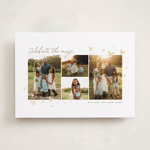 This is a star foil pressed holiday cards with foil pressed by Lea Delaveris called disney's celebrate the magic printing on recycled smooth signature in standard