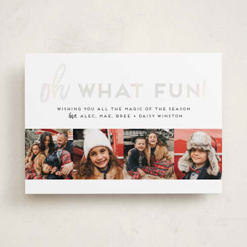 This is a black rhodium gloss press holiday cards with gloss press by Alexandra Cohn called oh what fun quad printing on recycled smooth signature in standard