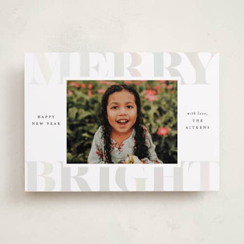 This is a snow gloss press holiday cards with gloss press by Brooke Chandler called merry & bright holiday printing on recycled smooth signature in standard