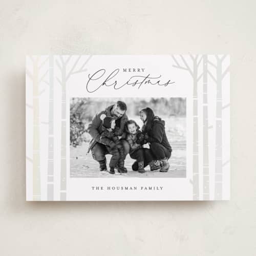 This is a snow gloss press holiday cards with gloss press by Brooke Chandler called birch trees printing on recycled smooth signature in standard