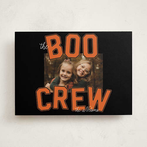 This is a pumpkin halloween party invitations cards with standard by Baumbirdy called varsity boo crew printing on recycled smooth signature in standard