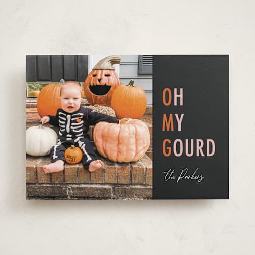 This is a pumpkin halloween party invitations cards with standard by Dawn Pope called oh my gourd printing on recycled smooth signature in standard