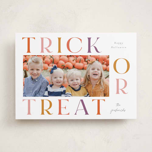 This is a candy bucket halloween party invitations cards with standard by Jackie Crawford called bold trick or treat printing on recycled smooth signature in standard