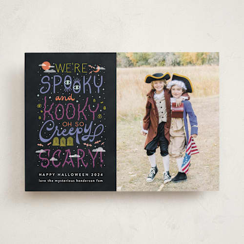 This is a ghoulish halloween party invitations cards with standard by Ashley DeMeyere called spooky kooky creepy scary printing on recycled smooth signature in standard