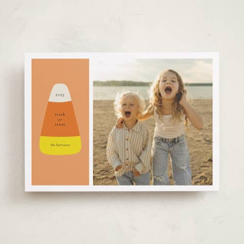 This is a jack o' lantern halloween party invitations cards with standard by Alexandra Cohn called candy corn printing on recycled smooth signature in standard