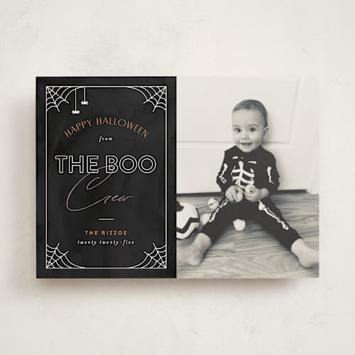 This is a spider halloween party invitations cards with standard by Pixel and Hank called boo crew printing on recycled smooth signature in standard