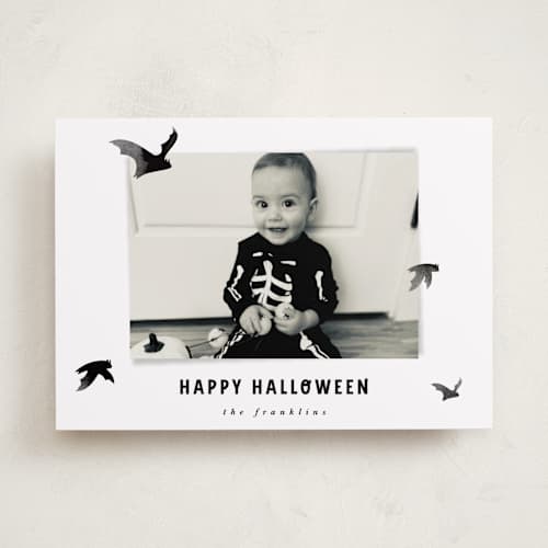This is a midnight halloween party invitations cards with standard by Angela Garrick called batty printing on recycled smooth signature in standard