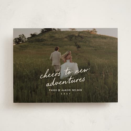 This is a creme new year photo cards with standard by Owl and Toad called adventure printing on recycled smooth signature in standard