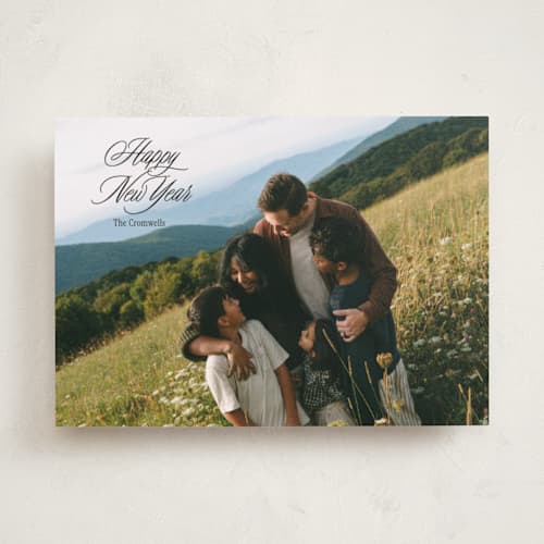This is a charcoal new year photo cards with standard by Cindy Reynolds called primrose hill printing on recycled smooth signature in standard