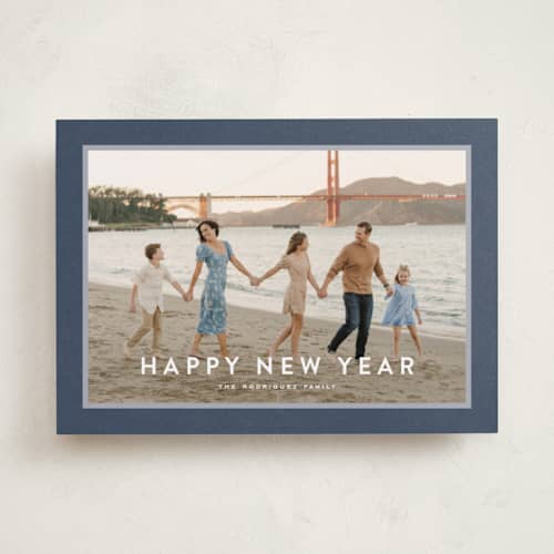 This is a navy new year photo cards with standard by Wildfield Paper Co called skyline printing on recycled smooth signature in standard
