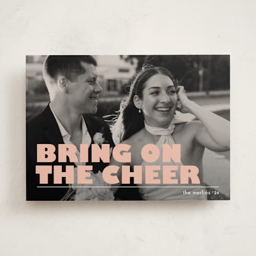 This is a creamsicle new year photo cards with standard by Snow and Ivy called bring on the cheer printing on recycled smooth signature in standard