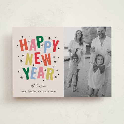 This is a confetti new year photo cards with standard by Kercia Jane called starlight wishes printing on recycled smooth signature in standard