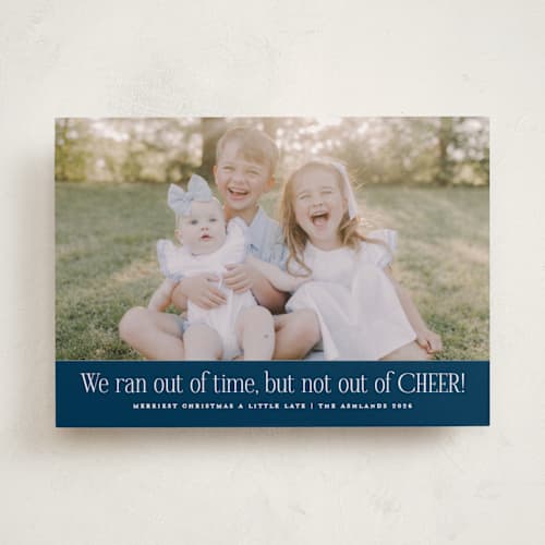 This is a navy new year photo cards with standard by Erica Krystek called short on time printing on recycled smooth signature in standard