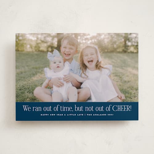 This is a navy new year photo cards with standard by Erica Krystek called short on time printing on recycled smooth signature in standard