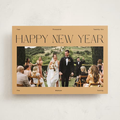 This is a burnt new year photo cards with standard by Rachel Cassel called fancy printing on recycled smooth signature in standard