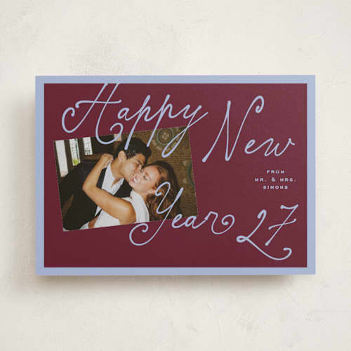 This is a grape new year photo cards with standard by Claudia Orengo called curly printing on recycled smooth signature in standard