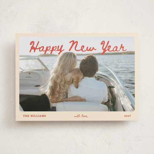This is a peppermint new year photo cards with standard by Rina Ozum called cheers to the new year printing on recycled smooth signature in standard