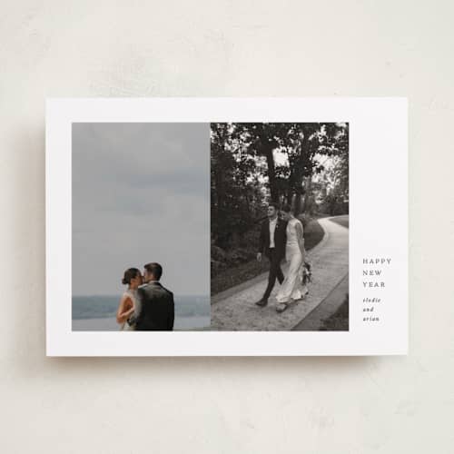 This is a snow new year photo cards with standard by Olivia Kanaley Inman called perfect pair printing on recycled smooth signature in standard