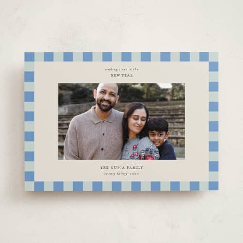 This is a sky new year photo cards with standard by Jackie Crawford called fun border checkers printing on recycled smooth signature in standard