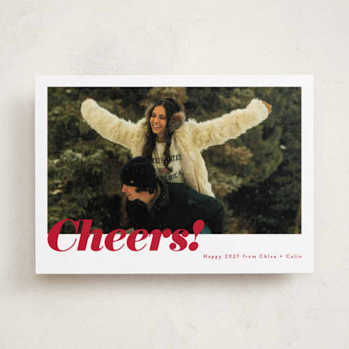 This is a poinsettia new year photo cards with standard by Emily Sabol Goss called glittering cheers printing on recycled smooth signature in standard