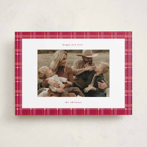 This is a stocking new year photo cards with standard by Makewells called plaid peace printing on recycled smooth signature in standard